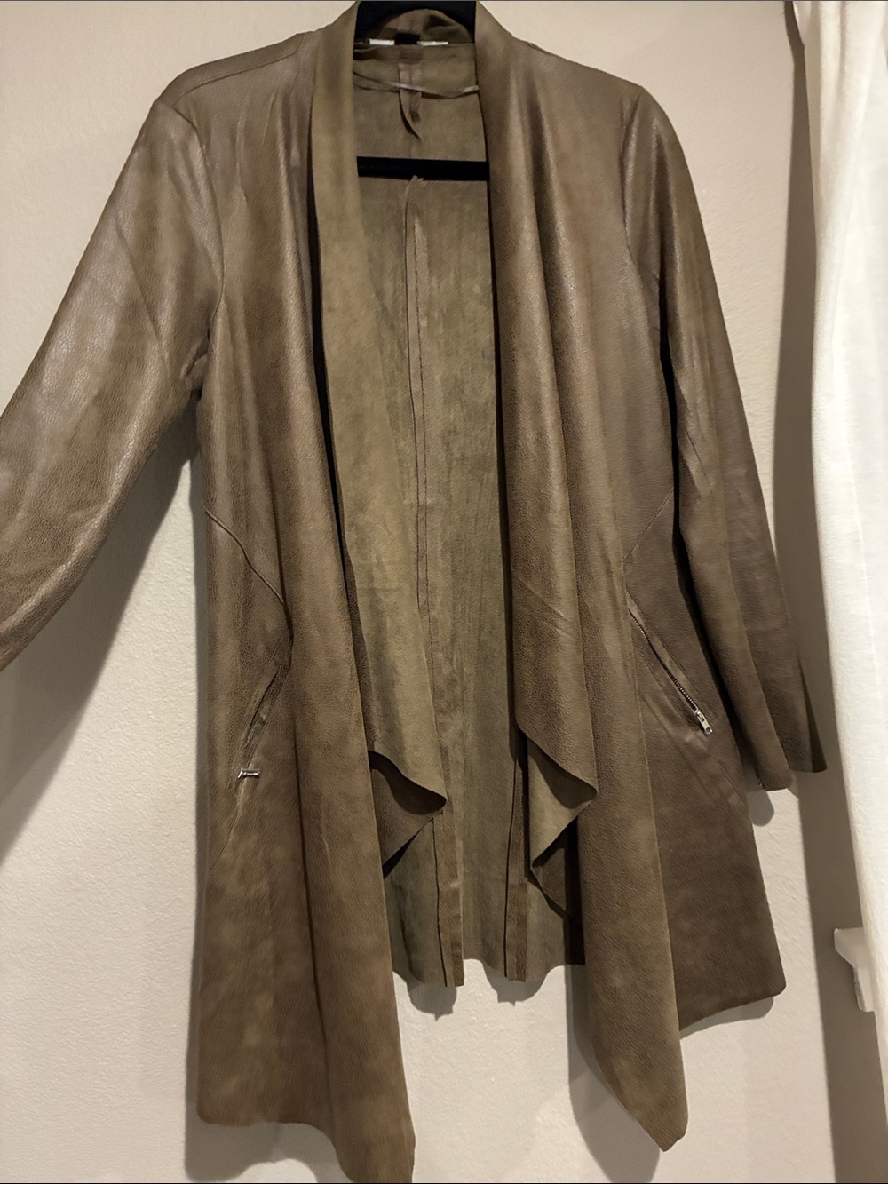 Women's Taupe Leather Draped Open-Front Jacket